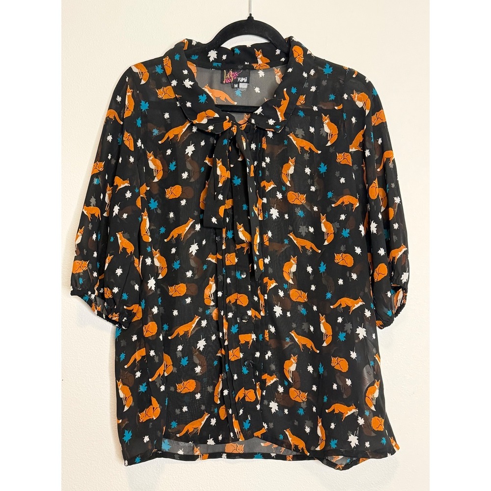 Yumi Fox Print Tie Neck Blouse Black Half Sleeve Top Women's M